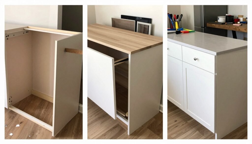 Step-by-step process of installing stock cabinets to create a dining room built in buffet