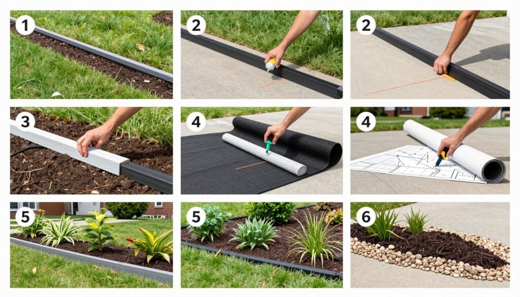 Step-by-step side of driveway landscaping installation showing proper techniques
