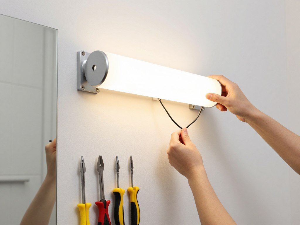 Step-by-step vanity light installation showing wiring and mounting