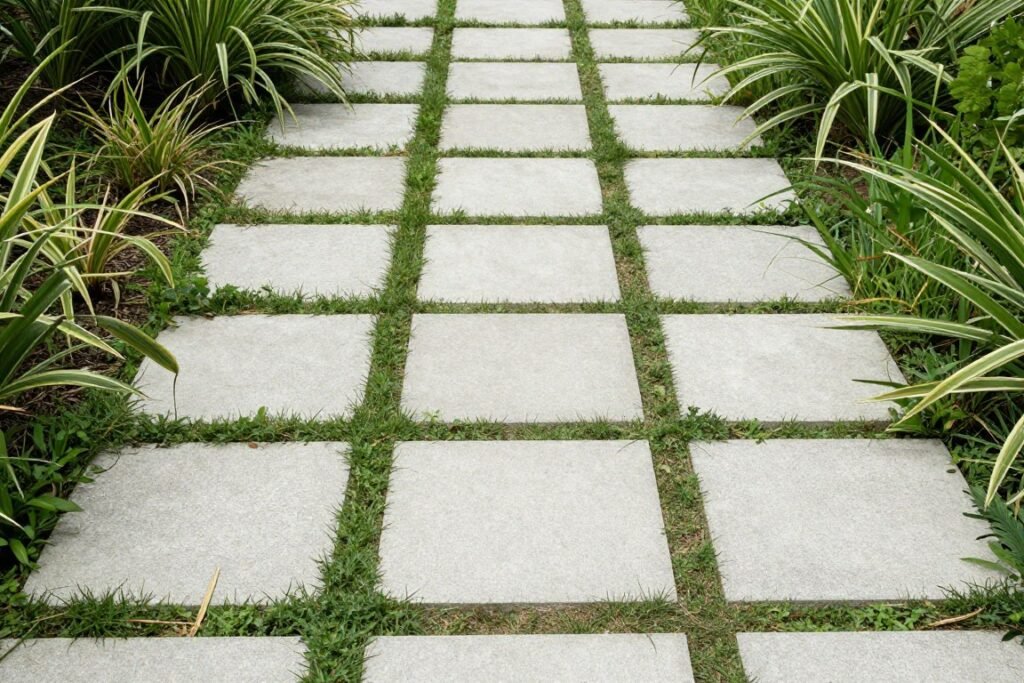 Stepping stone pathway made from painted concrete pavers