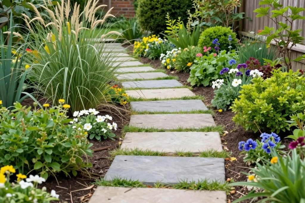 Stepping stone pathway through lush front yard garden with mixed heights of plants