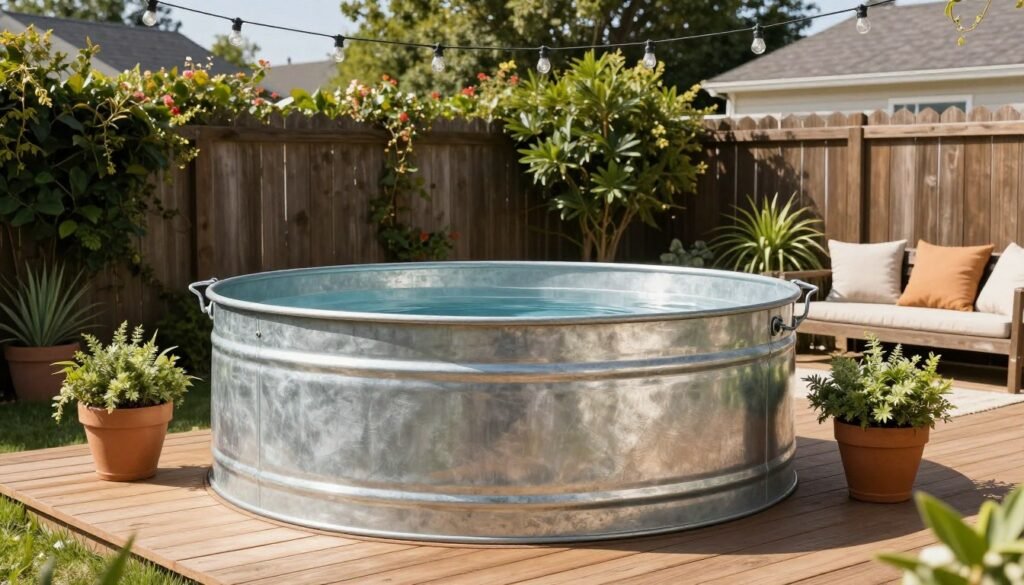 Stock tank pool with wooden deck surround in a sunny backyard