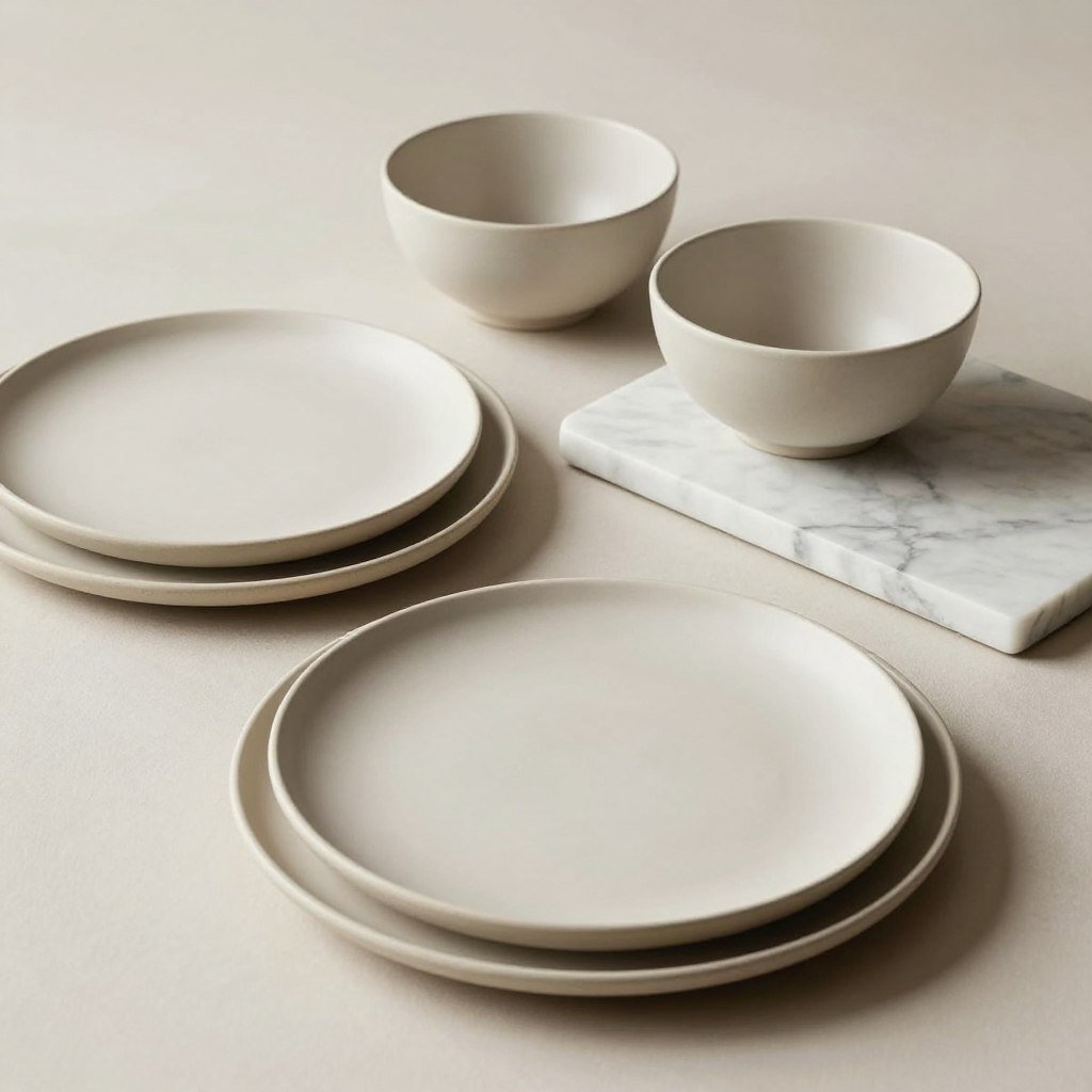 Stone and ceramic elements in minimalist dining setting Stone and ceramic elements in minimalist dining setting