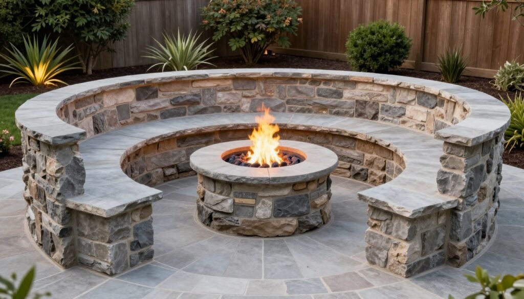 Stone fire pit with curved built-in bench seating in a landscaped backyard