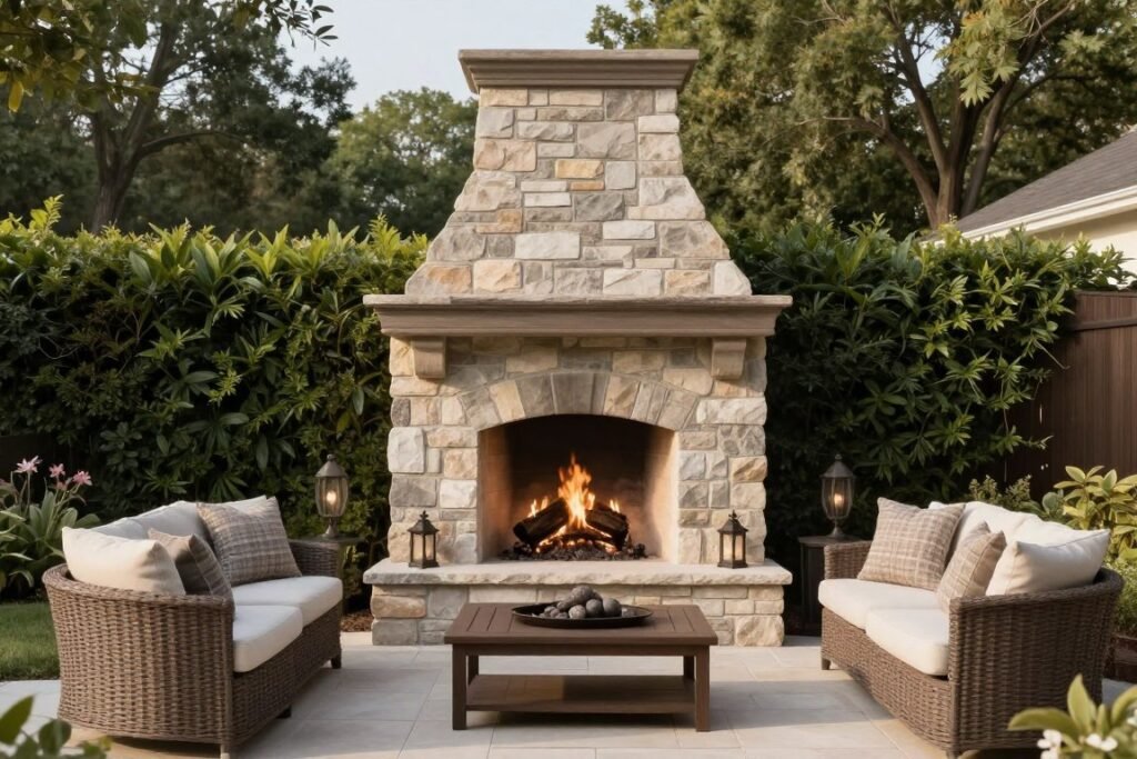 Stone outdoor fireplace creating a cozy focal point in a backyard living area