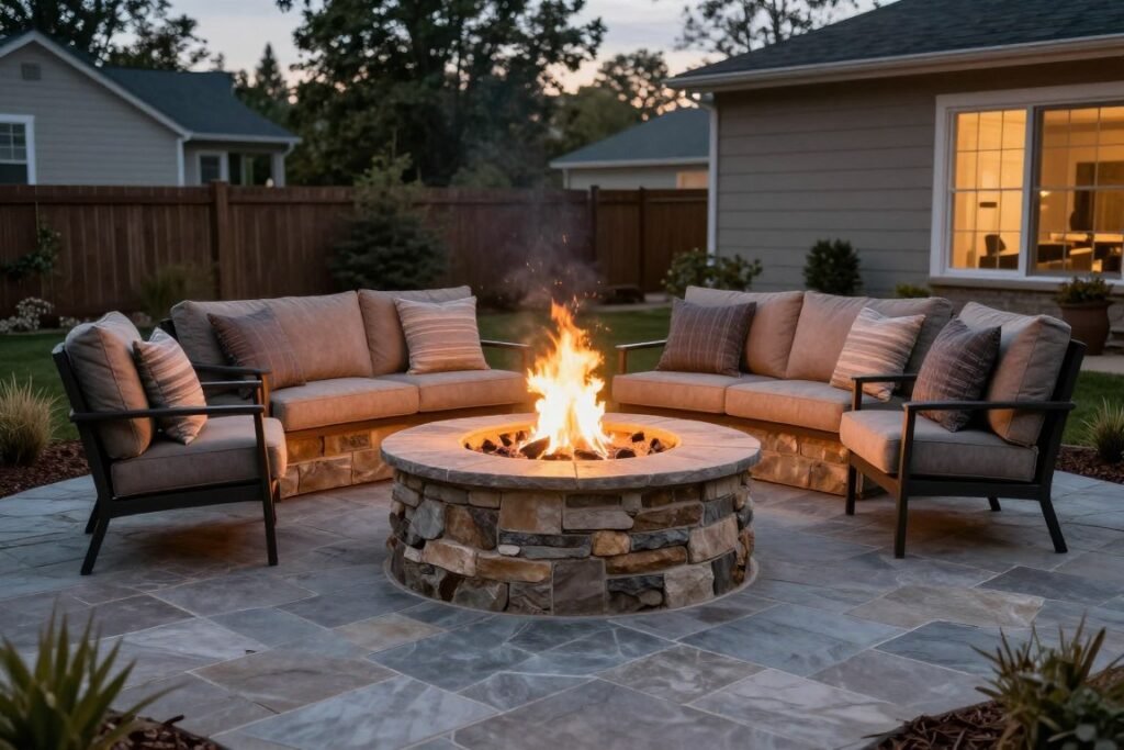 Stone patio with built-in fire pit and comfortable seating arrangement