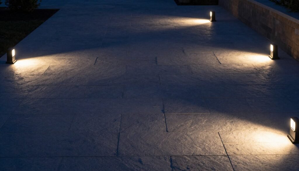 Stone patio with integrated in-ground lights illuminating the surface