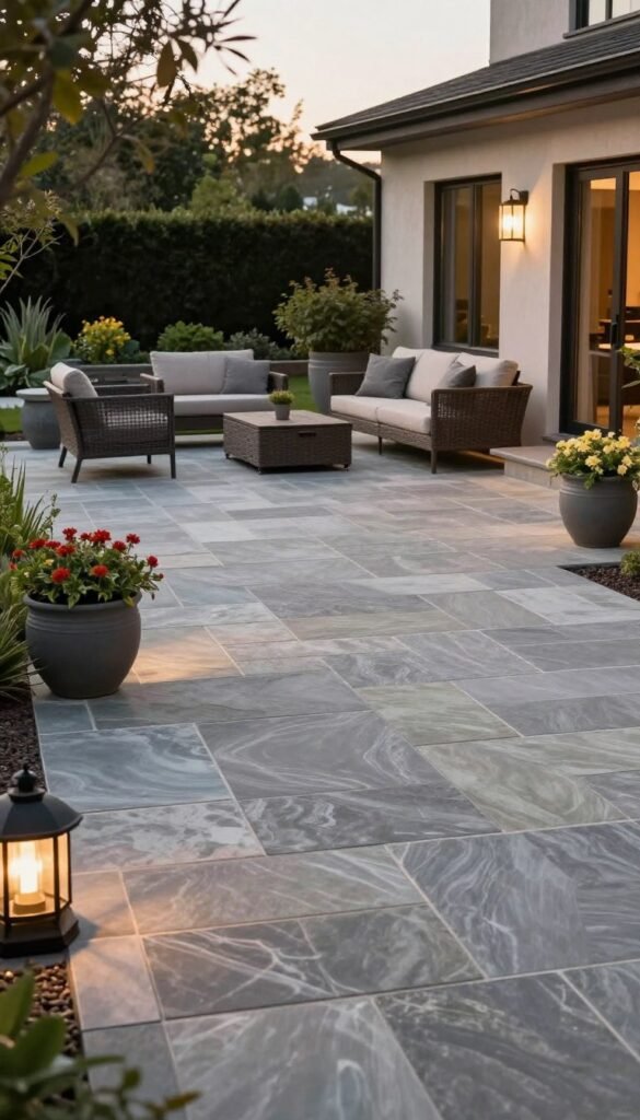 Stone patio with outdoor furniture and container plants creating an outdoor room