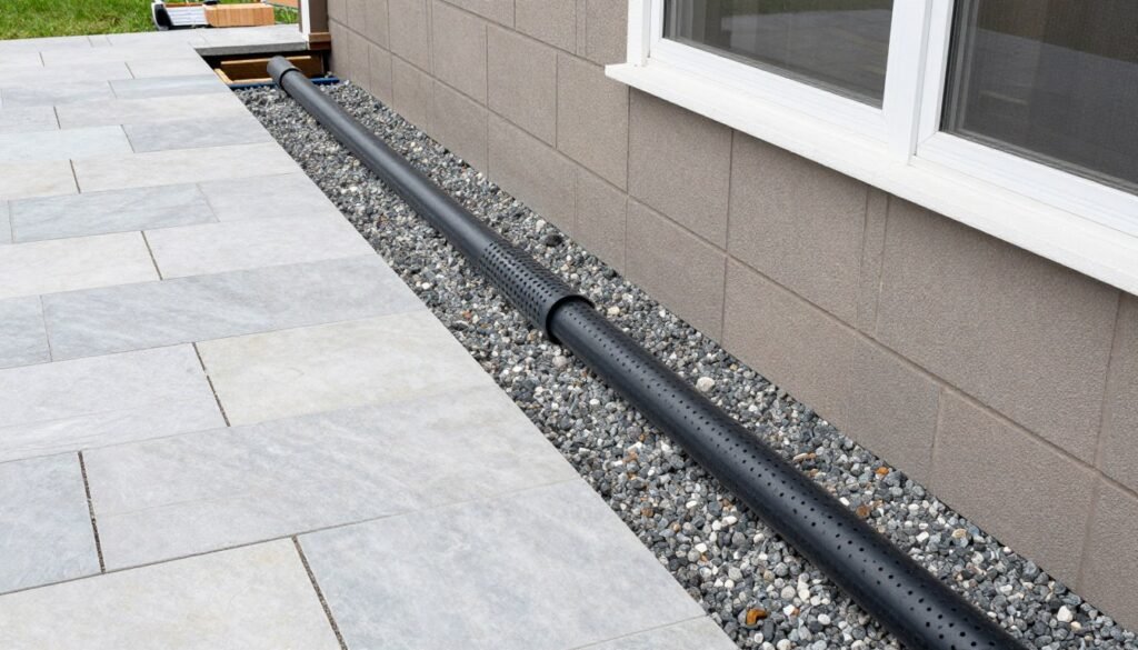 Stone patio with proper drainage system being installed