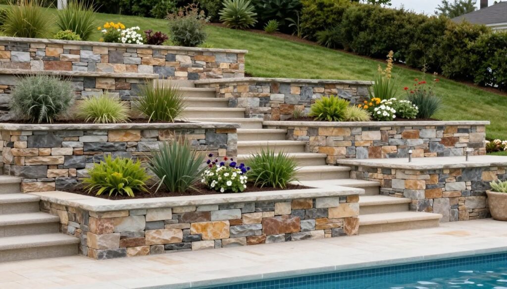 Stone retaining walls and raised planting beds around a pool on a sloped property