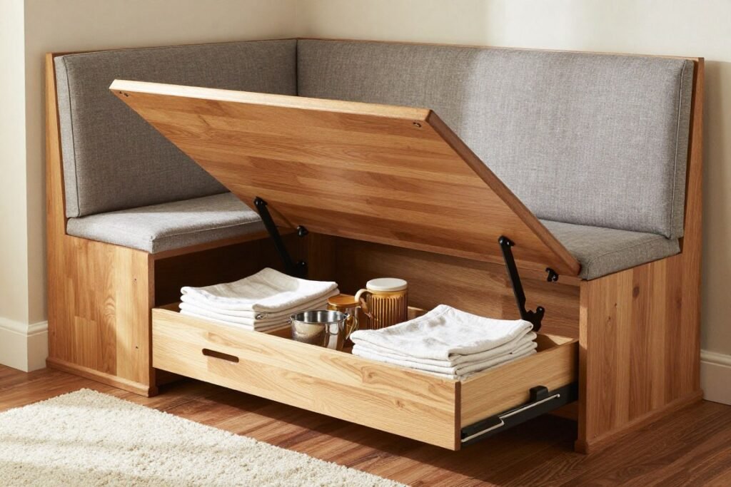 Storage dining banquette bench with lift-up seat revealing storage space underneath