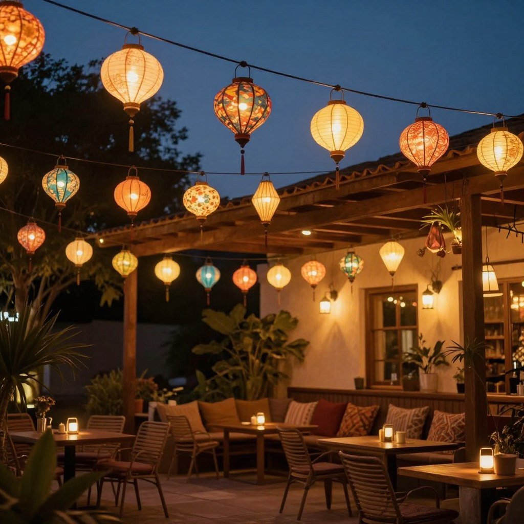 String lights and lanterns creating ambiance on a bohemian patio