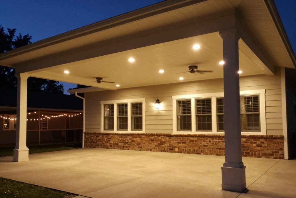 String lights and recessed lighting on covered patio