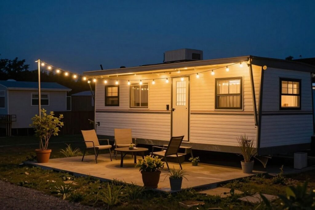 String lights creating a warm ambiance over a small patio area next to a mobile home in the evening