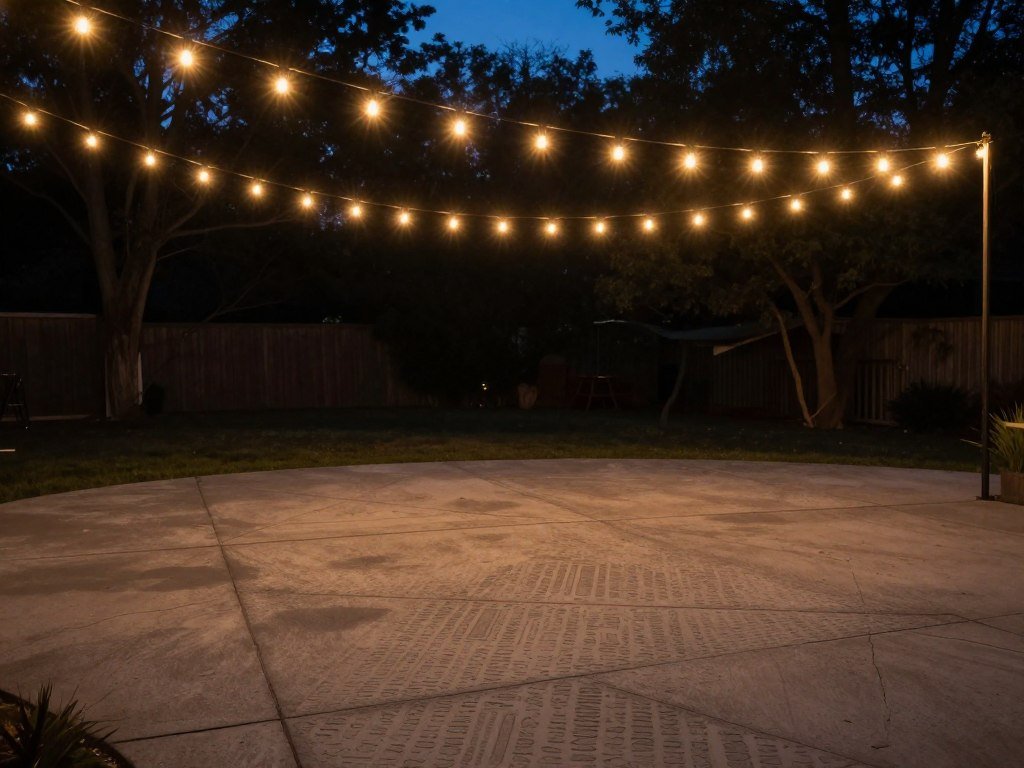 String lights creating ambiance over stamped concrete patio String lights creating ambiance over stamped concrete patio