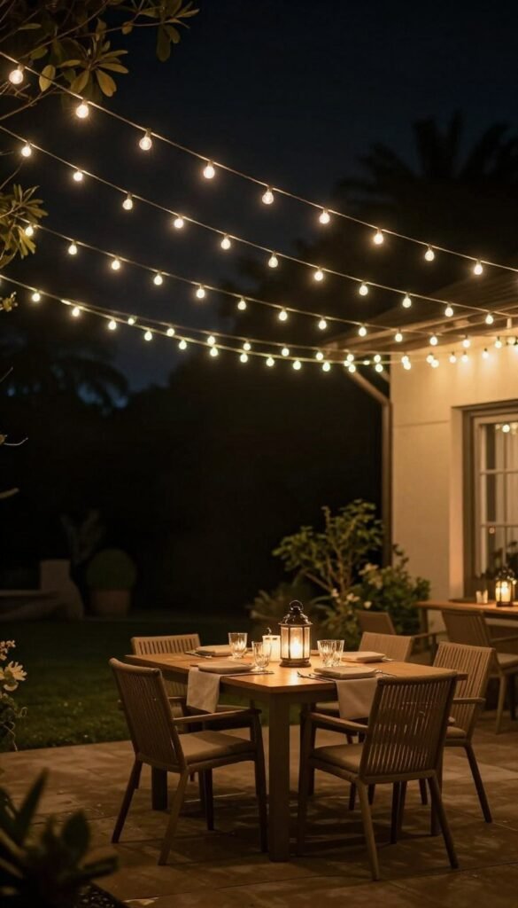 String lights creating magical ambiance over a backyard dining area