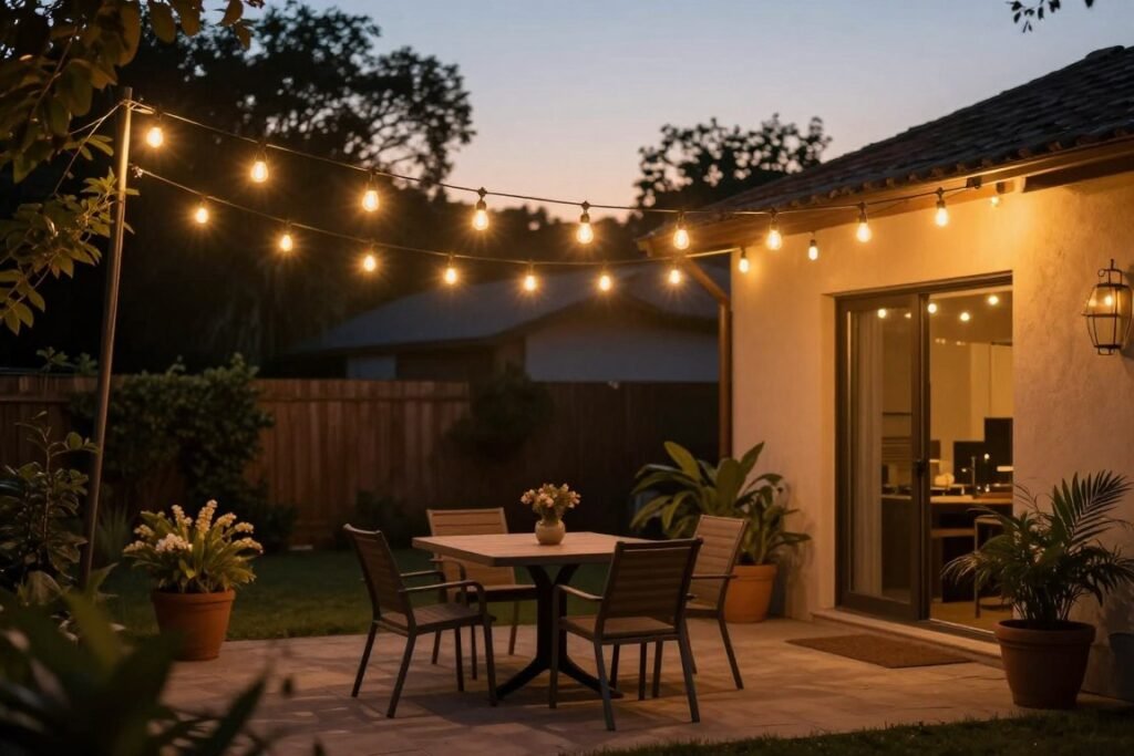 String lights hanging over a backyard patio at dusk