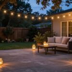 String lights hanging over a backyard patio with DIY mason jar lanterns creating a warm glow at dusk