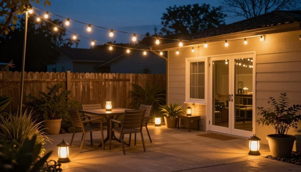 String lights hung over a small patio at dusk, creating a warm ambiance with solar lanterns on tables