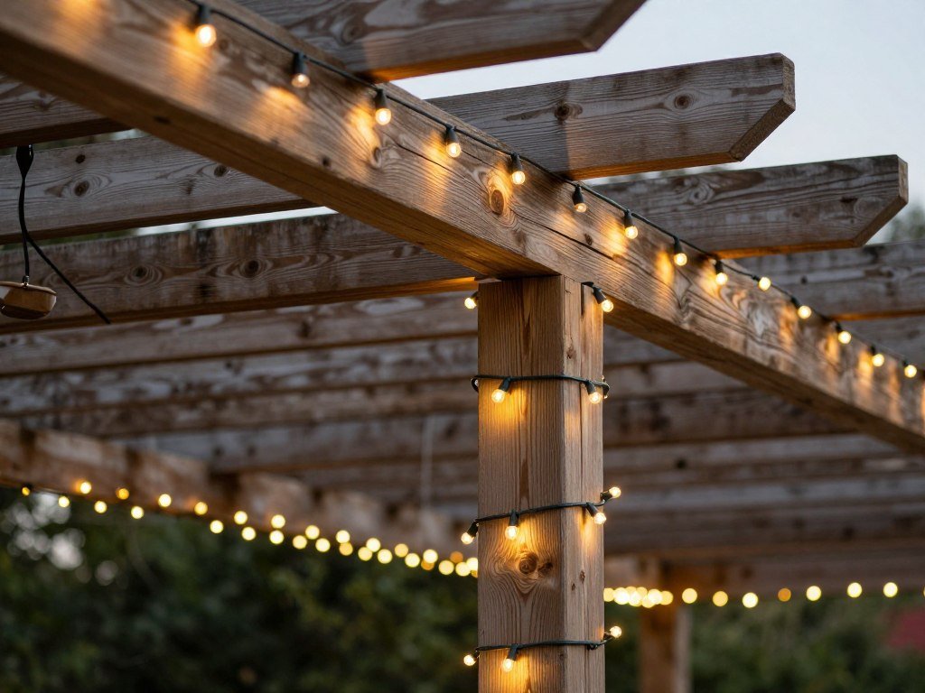 String lights wrapped around a pergola structure on a patio