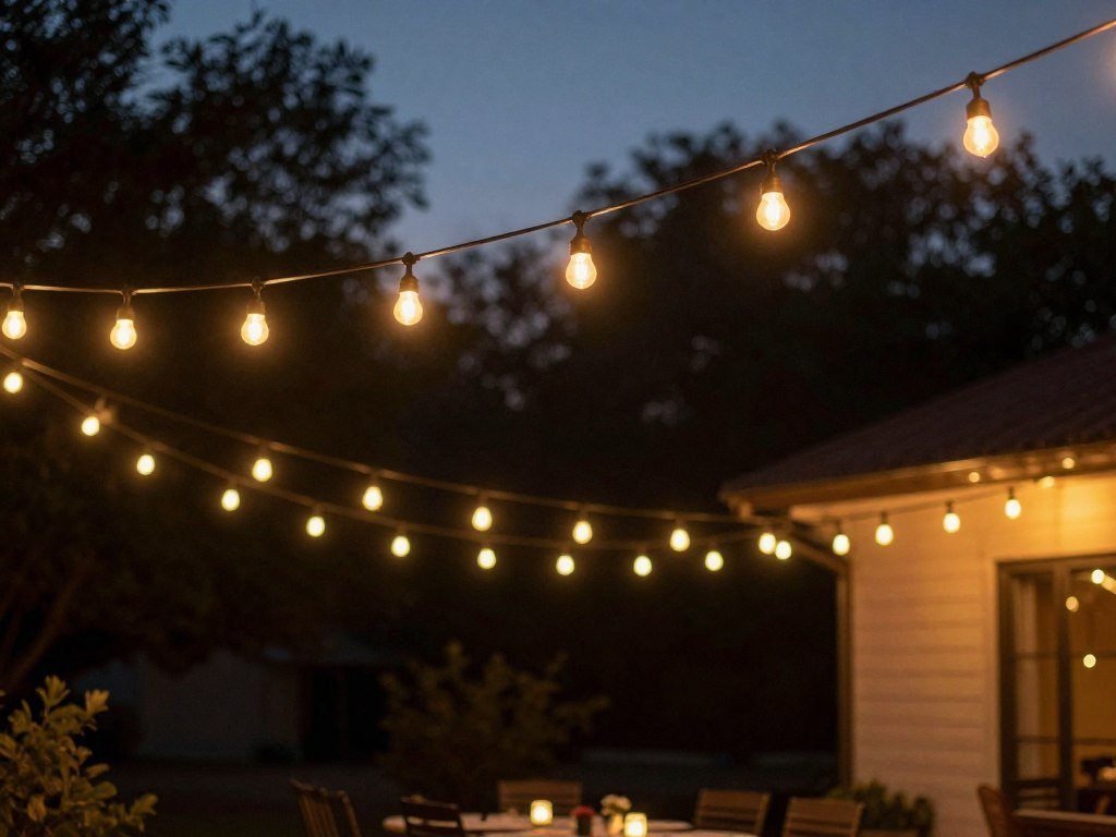 String patio lights hanging over an outdoor dining area