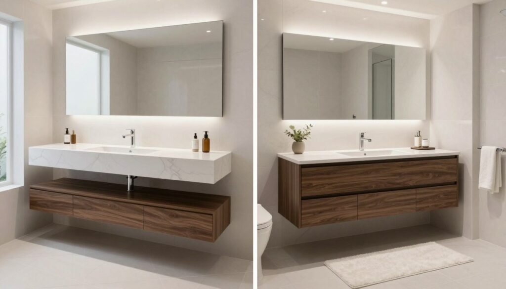 Stunning bathroom transformation featuring a floating vanity as the centerpiece
