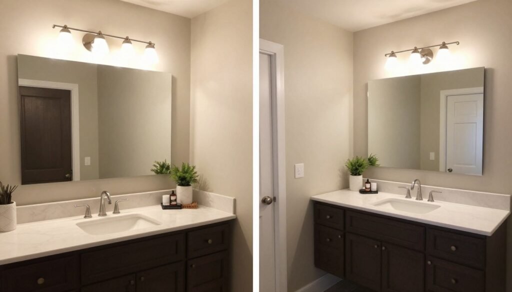Stunning bathroom transformation showing before and after vanity lighting upgrade