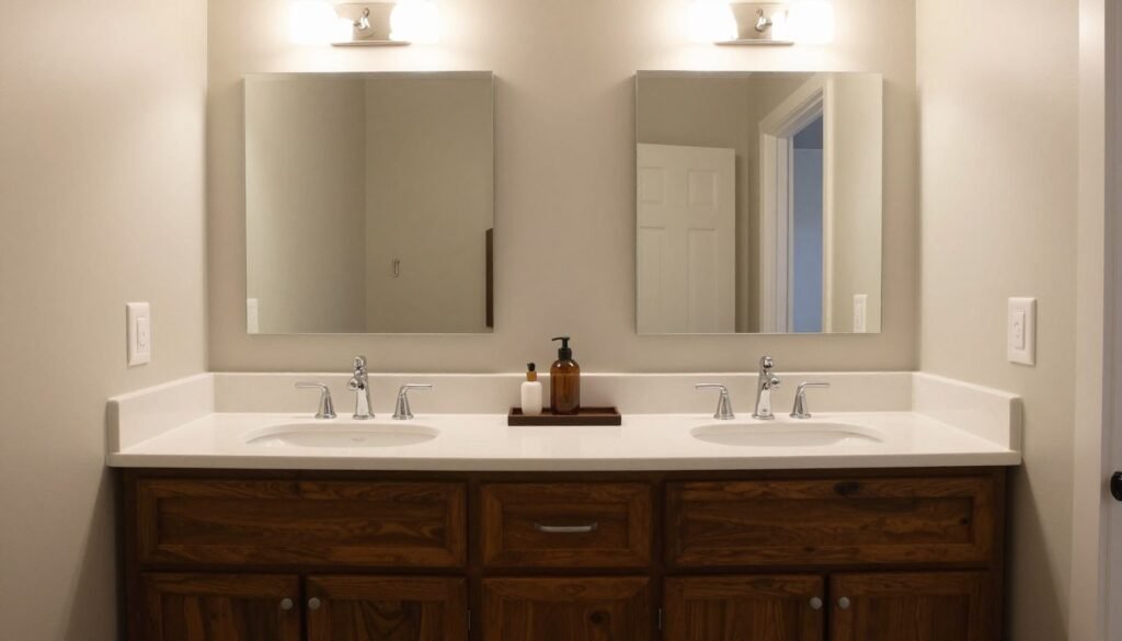 Stunning double vanity bathroom showing before and after transformation
