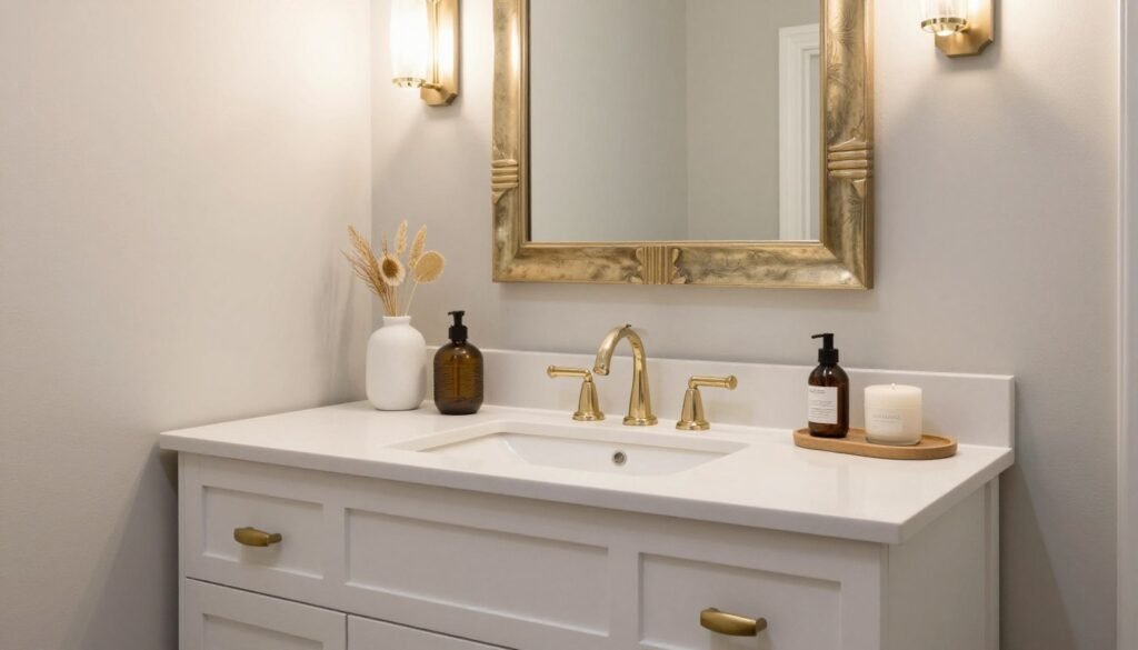 Styled DIY bathroom vanity with decorative elements and accessories