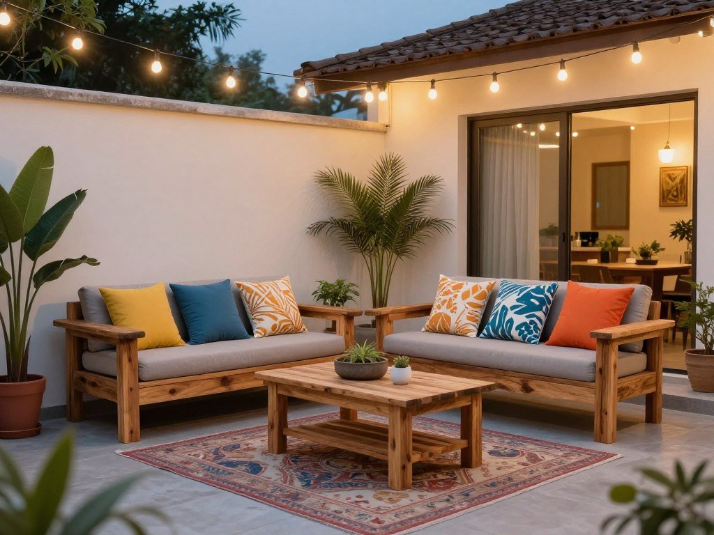 Styled DIY patio furniture with cushions and accessories