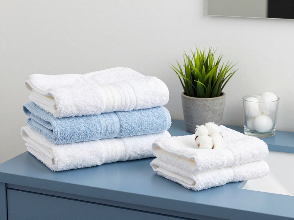 Styled blue vanity bathroom with coordinated towels and bath accessories