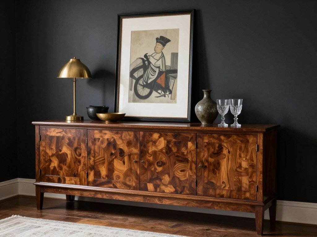 Styled sideboard in a moody dining room with art, lamps, and decorative objects