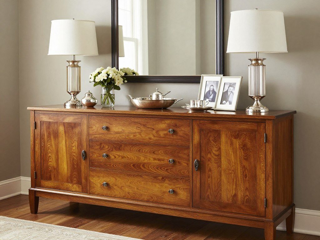 Styled vintage sideboard with layered accessories and lighting