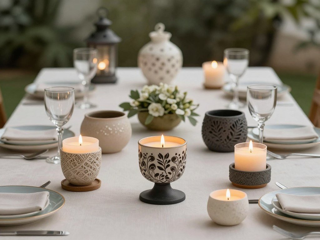 Stylish citronella candles in decorative holders arranged around outdoor dining area