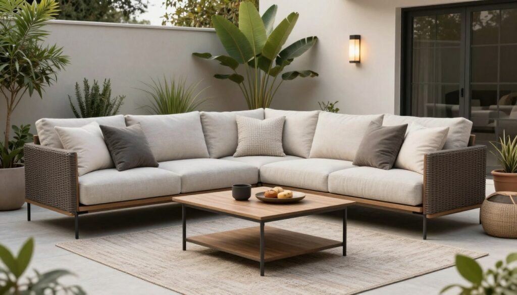 Stylish outdoor living room with comfortable sectional sofa, coffee table, outdoor rug, and modern accessories