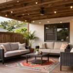 Stylish under deck patio with comfortable seating, outdoor rug, and string lights creating a cozy atmosphere beneath a wooden deck