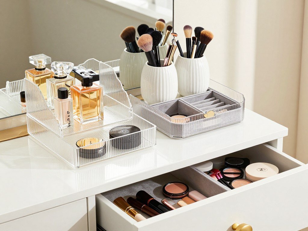 Stylish vanity organization solutions including acrylic organizers, decorative trays, and drawer dividers