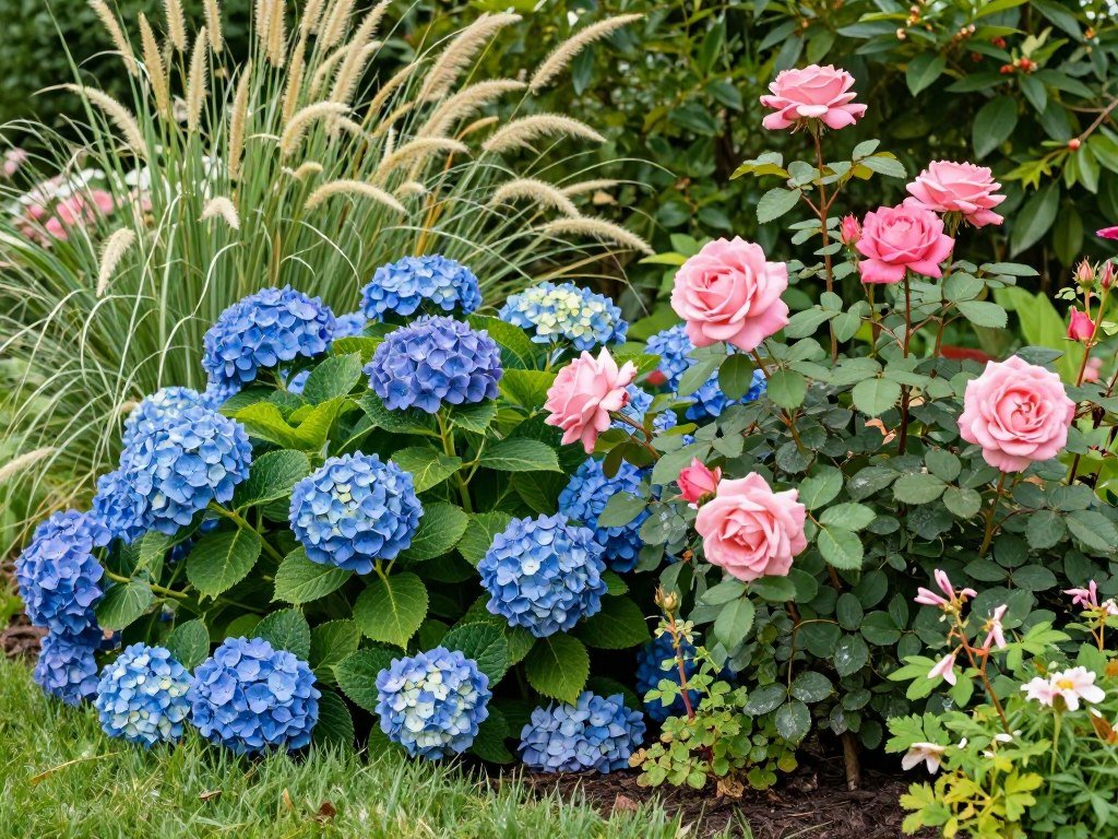 Summer flowering front yard with hydrangeas, roses, and ornamental grasses