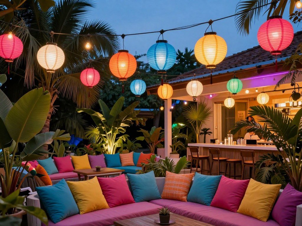 Summer patio with colorful string lights and lanterns