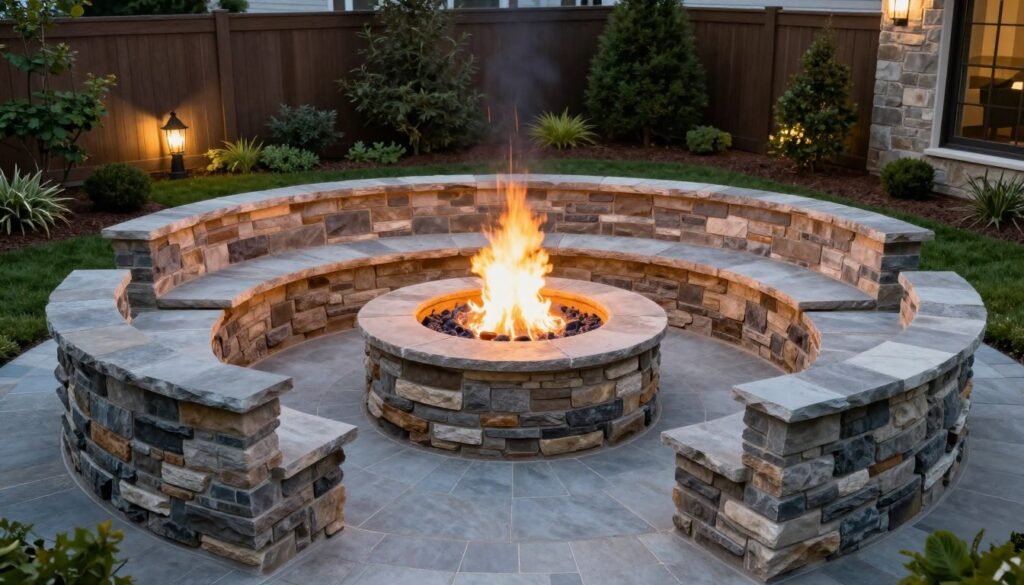 Sunken stone fire pit with built-in stone seating in a landscaped backyard with ambient lighting
