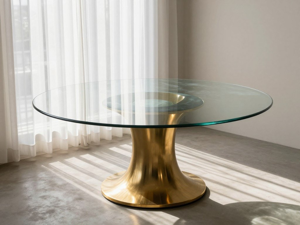 Sunlight streaming through windows onto a round glass dining table, highlighting its light-reflecting properties