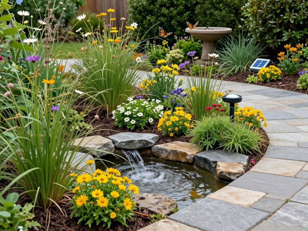 Sustainable backyard landscape with native plants, rain garden, and permeable pathways