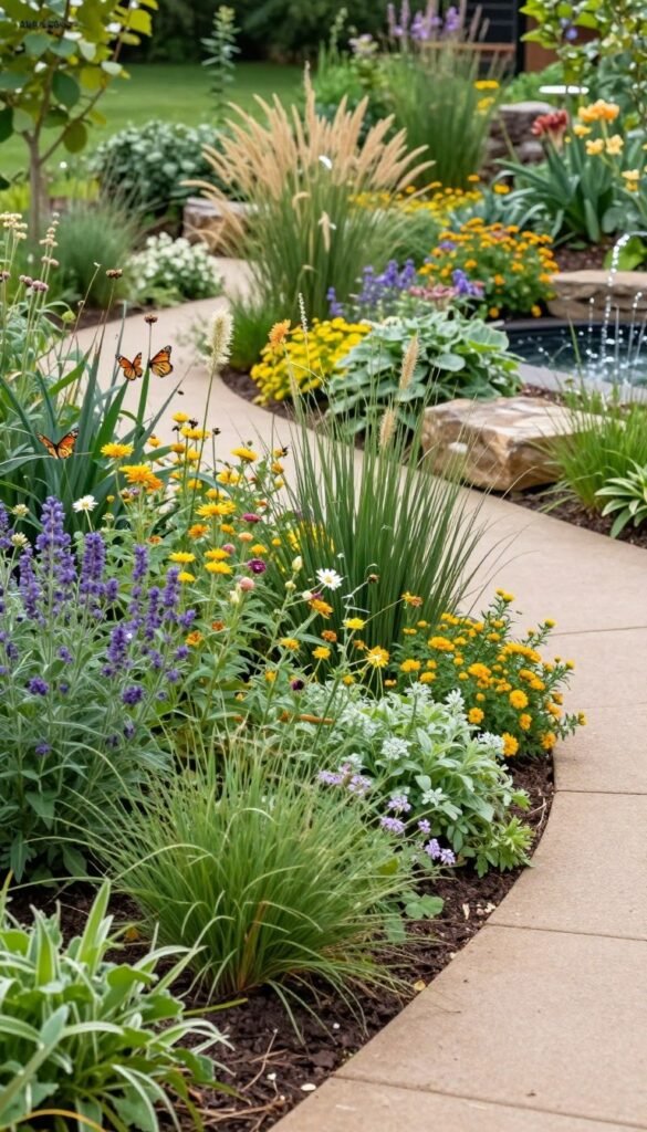 Sustainable backyard landscape with native wildflowers, grasses, and pollinator-friendly plants