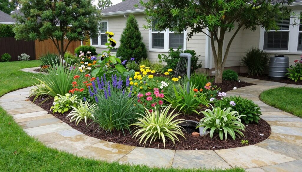 Sustainable landscape with rain garden, native plants, and permeable pathways