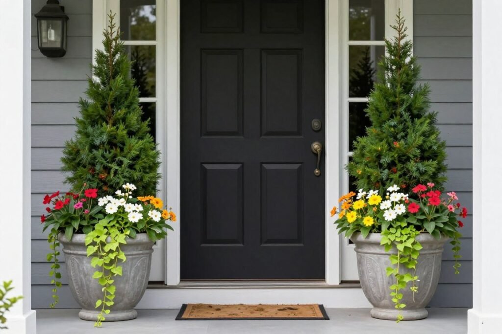 Symmetrical arrangement of container plants flanking a front door, creating a balanced and welcoming entrance Symmetrical arrangement of container plants flanking a front door, creating a balanced and welcoming entrance