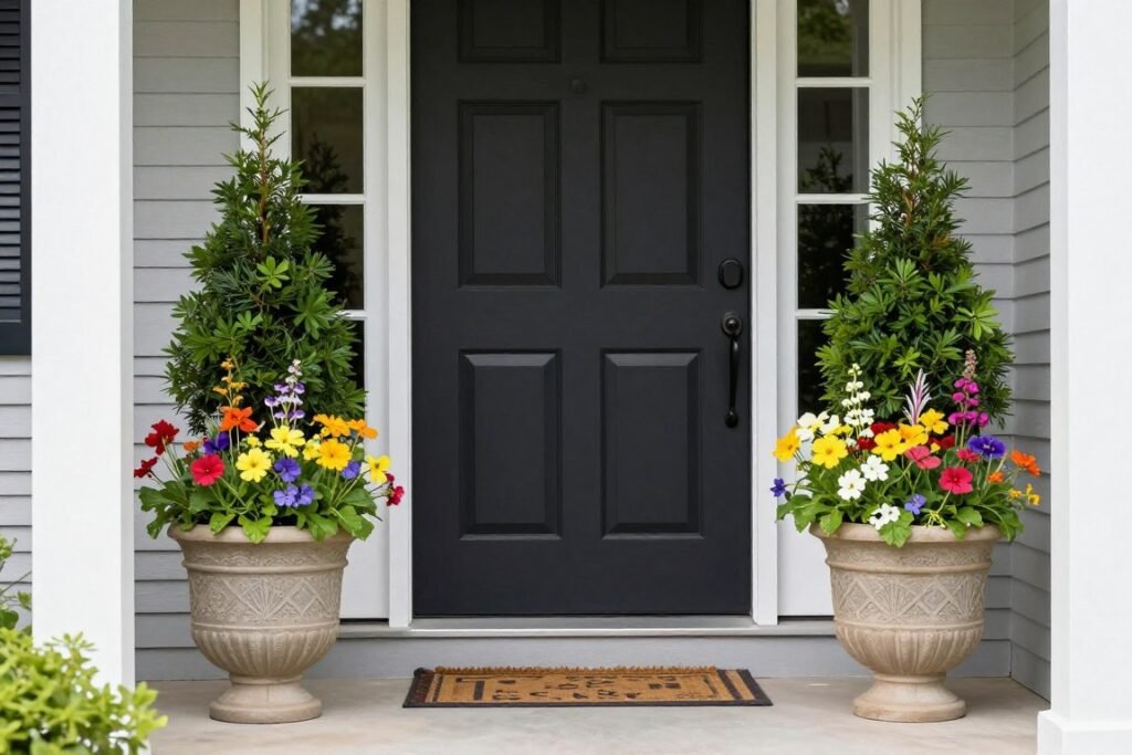 Symmetrical container gardens flanking a front door with seasonal flowers and foliage plants
