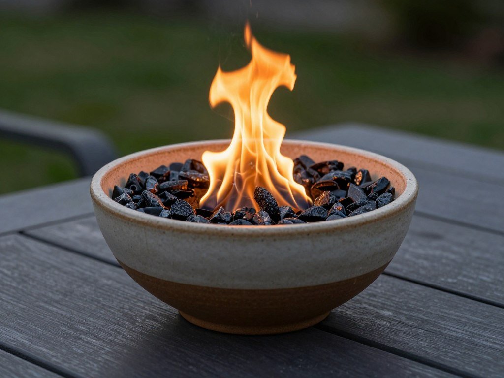 Tabletop fire bowl made from a ceramic pot with flames