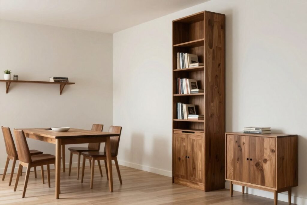 Tall, narrow furniture in a small living room with dining area