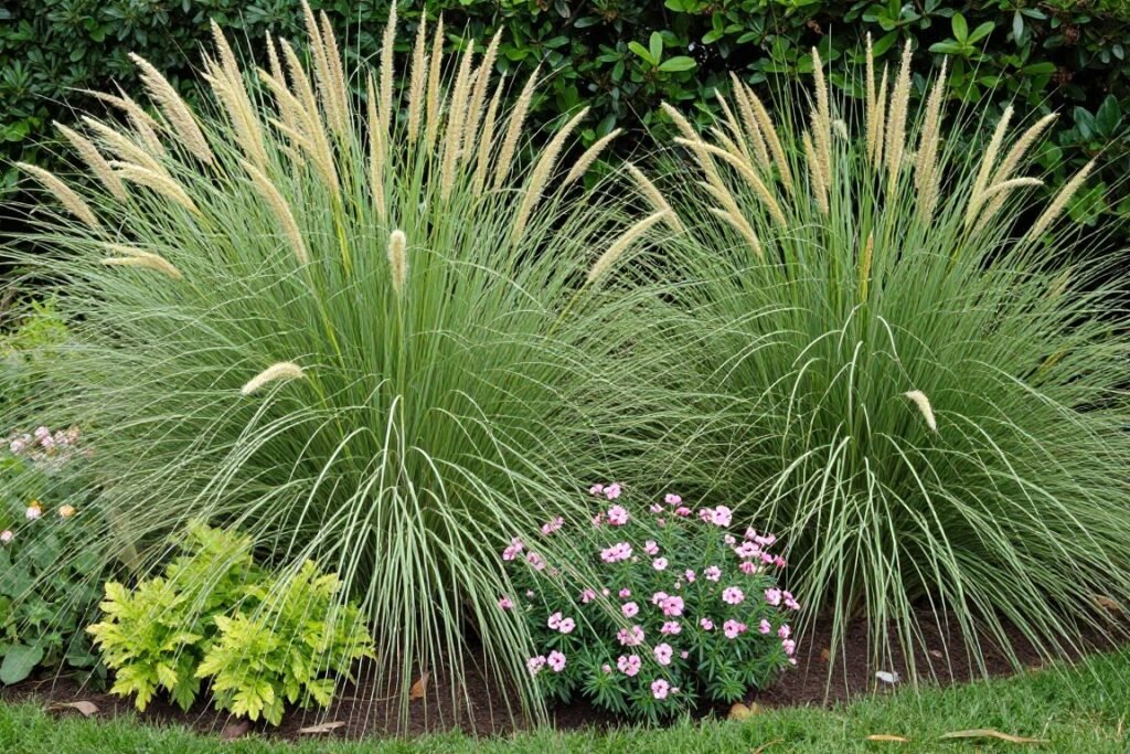 Tall ornamental grasses and shrubs creating natural privacy in a cozy backyard corner