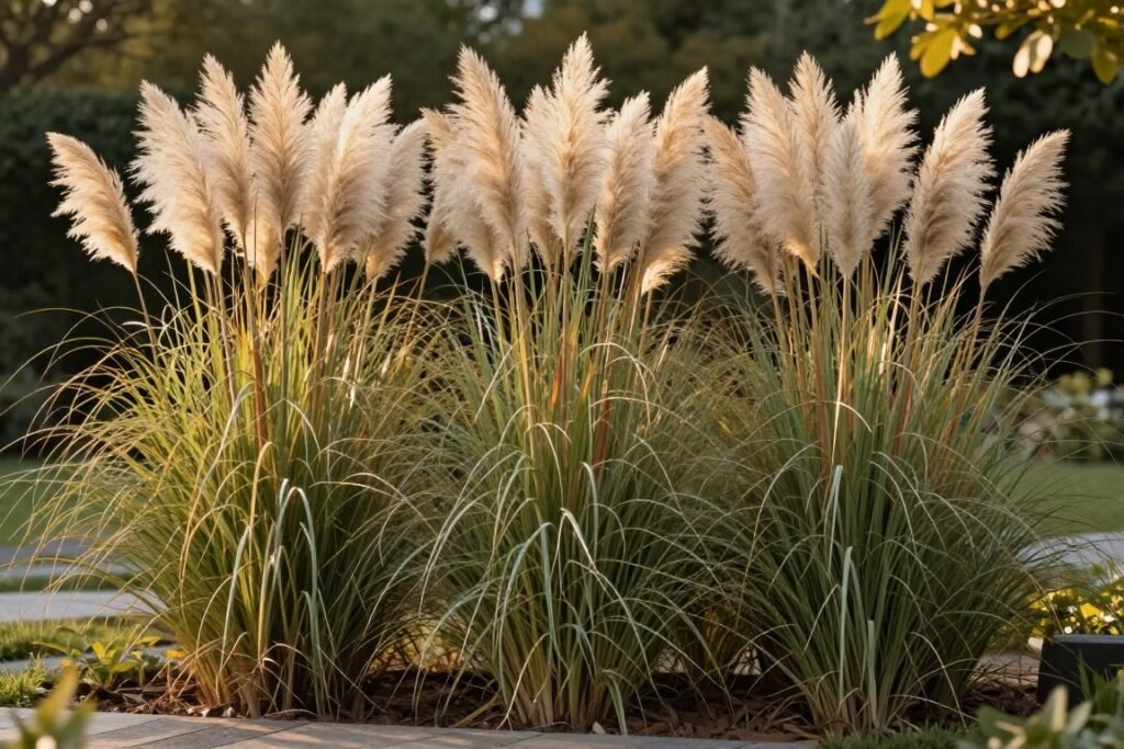 Tall ornamental grasses creating a soft, flowing privacy screen in a backyard setting